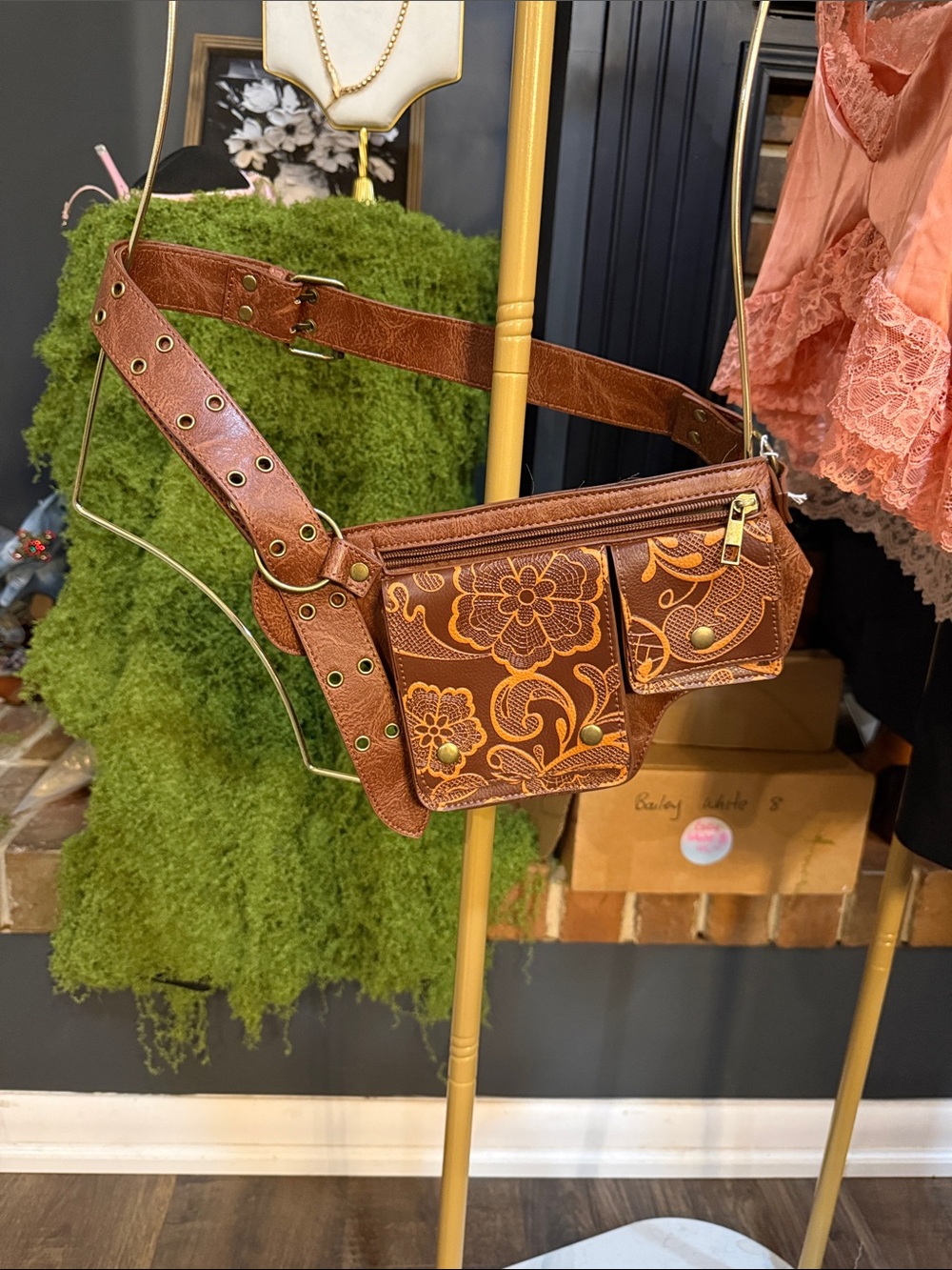 Brown Floral Embossed Leather Waist Bag
